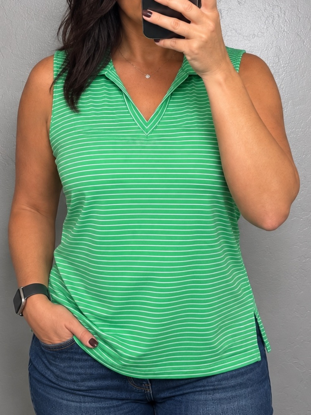 Lady Hagen Essentials Women’s Large Green Striped Sleeveless Golf Polo